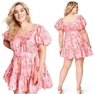 LOVESHACKFANCY TARGET Satin Floral Print Puff Short Sleeve Ruffle Hem Dress‎ 14